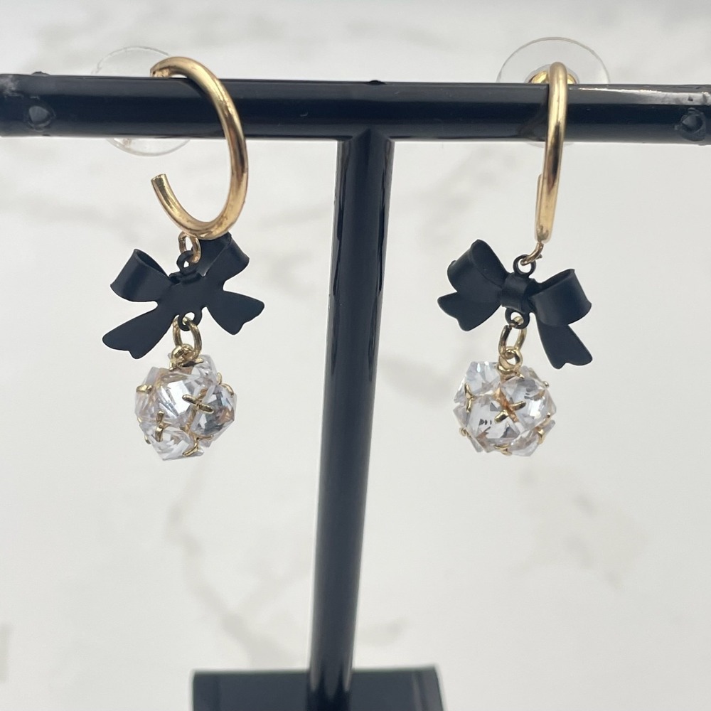 Vintage VTG Gold Tone Hoop Earrings Black Bow Clear CZ Crystal‎ Ball Dangle Glam